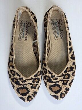 Skechers Cleo Leopard Print Knit Stretch Almond Toe Ballet Flats Shoes Sz 6 🐆
